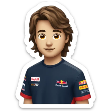 A 15 years old boy with long-brown hair and red bull  racing t-shirt sticker