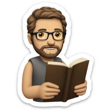 Caucasian man reading book. Brown hair, glasses, and a beard sticker