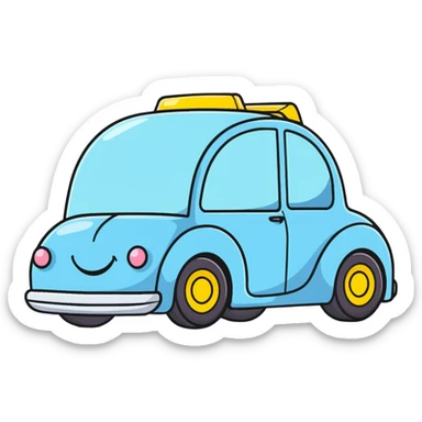 A yellow cartoon toy car with a cute face and rosy cheeks sticker