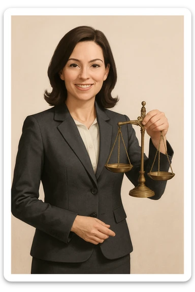 lawyer woman, standing with scales of justice, business suit, smiling, minimal background sticker