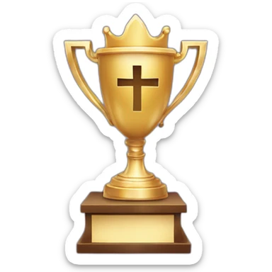 royal big empty Christian trophy for the winner with a cross on royal background  with number 1 sticker