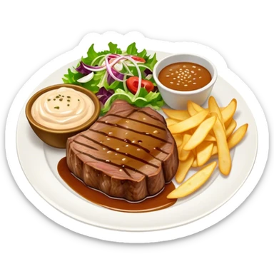 big juicy australian steak meal featuring chips, small salad in a ramikan and gravy in a small bowl on the plate sticker