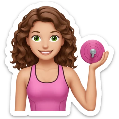 White, green-eyed, brunette cute feminine lady emoji with wavy hair doing pilates wearing pink pilates fit sticker