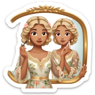 Middle Eastern-inspired moment of a woman getting ready in front of a mirror. She wears a delicate floral dress with sheer, flowy sleeves, accessorized with gold jewelry and traditional pearl-adorned hair clips. Her  as she applies mascara, her reflection revealing a soft smile.  sticker