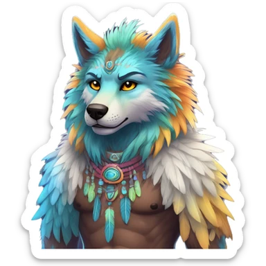 Anthro Fluffy Colorful Shy Spiritual Shamanic WereWolf-sona With Shiny Tribal Markings wearing feathers Full Body sticker
