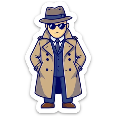 cartoonish spy Штирлиц in a trench coat and hat, looking serious sticker