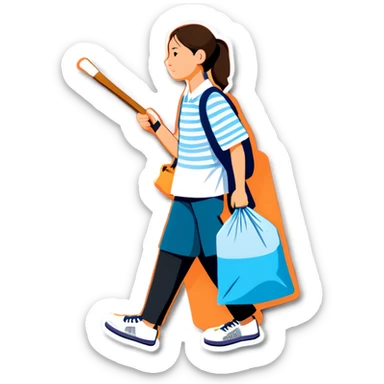 Person walking down the road with belongings in a bag tied to the endo of a stick sticker