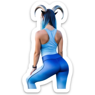 Disapponted-big tears-head back texting on phone-very very large upper body-sexy face-bending forward at waist-very long very straight dark blue to light blue ombre hair-and-blue eyes-thick black eyeliner-cute goat horns-iridescent blue lowcut tanktop with black leggings with glitter superman logo sticker