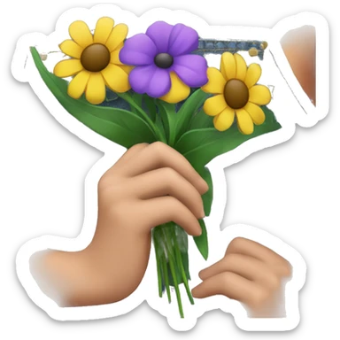 Girls hand holding purple flower bunch at her side grass in background and you can see some of her denim dress sticker