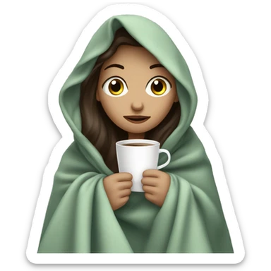 girl inside a blanket sipping coffee eyes grey-green, brunette, white skin ￼ sticker
