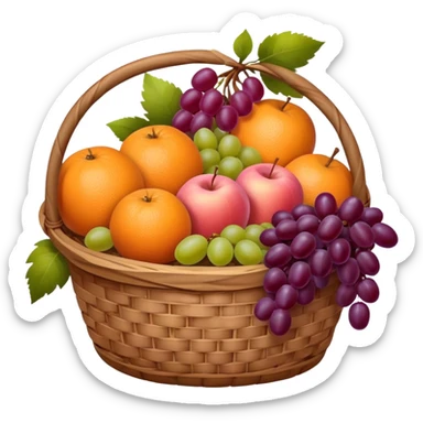 A brown basket of fruits with some pink aesthetic motives on the basket sticker