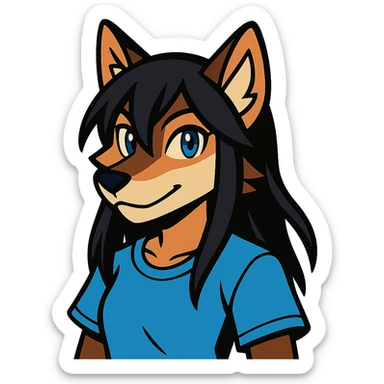 anime style wolf furry character with blue eyes, long black hair, wearing a light blue shirt sticker