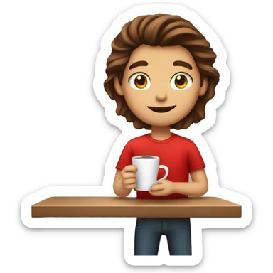 barista boy in a red t-shirt with long brown hair, with a cup of coffee in a hand sticker