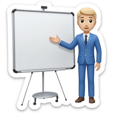 A clean emoji-style illustration of a person giving a presentation, standing next to a large presentation board on a stand, board empty and white, no podium, no desk, no table, friendly proportions, soft 3D emoji style sticker