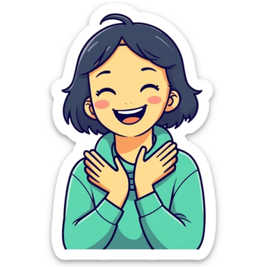 Girl hands crossed around neck laughing sticker