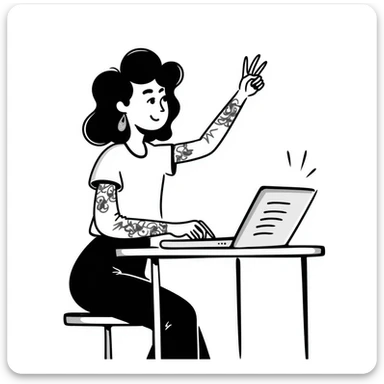 Cool female rockstar musician with arm tattoos and alternative hairstyle, sitting at desk with laptop, raising hand in class, smiling confidently sticker
