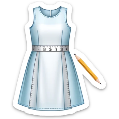 Icon for Fashion Design: a dress pattern with measurements, a ruler, and a pencil. The icon should represent the process of designing clothing with a focus on precision and tailoring. Transparent background. sticker