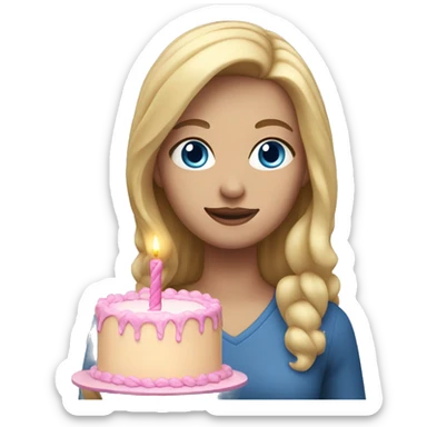 Woman with long blonde hair and blue eyes holding a pink birthday cake  sticker