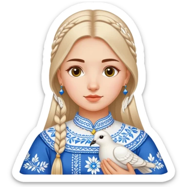 Ukrainian girl wearing a traditional embroidered vyshyvanka shirt with a white dove next to her sticker