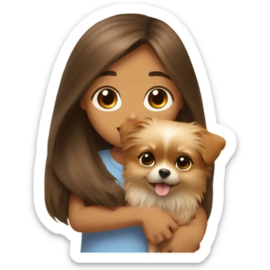 A girl with long hair and brown eyes hugs a small dog, a pomeranian sticker