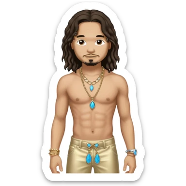 Bizzy Bone with long dark brown hair, light tan skin, shirtless with necklace, metallic cream pants sticker