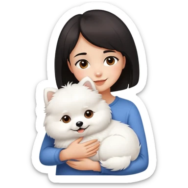 A black short-haired girl happily hugs a white Pomeranian sticker