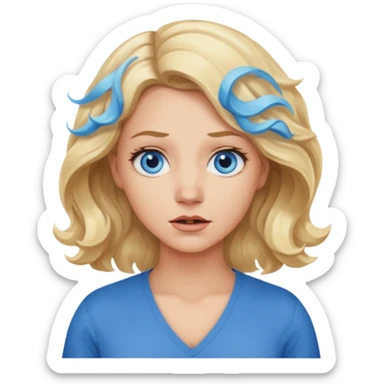 A woman with wavy blonde hair and blue eyes shrugging emphatically sticker