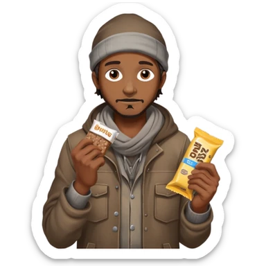 Generate a homeless man asking for money with a protein bar in his hand sticker