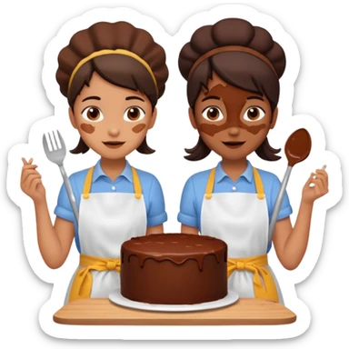 A chocolate cake being made by two young girls sticker