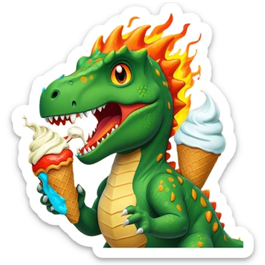 Dinosaur with ice cream and fire behind it sticker