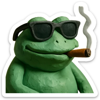 detailed frog with ray bans, satisfied, smoking a cigar, claymation style sticker