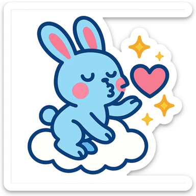 pastel blue bunny with cloud, blowing a kiss with sparkles, vibrant-toon style sticker
