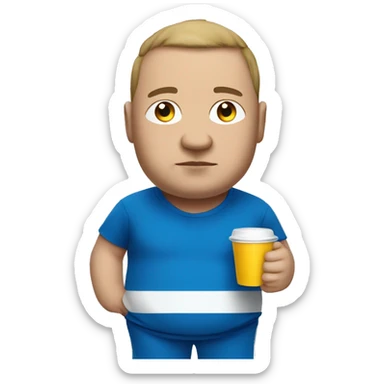 fat man in blue sweatsuit with white stripe sipping from cup sticker