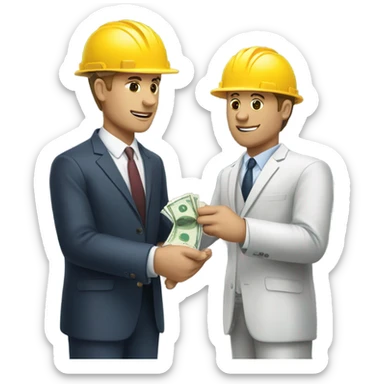 A construction worker giving money to another man in a suit.  The man on the left should have white skin and no hat.  sticker