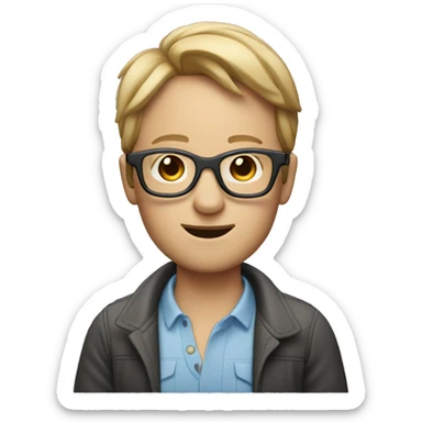 memoji of a person with a laptop, apple style, caucasian with short hair and glasses sticker