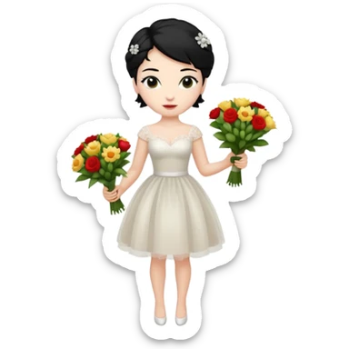 Chica blanca,cuerpo entero, vestido boda corto, pelo negro,  ramo de flores , pelo recogido sticker