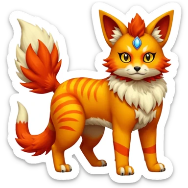 Colorful orange red black yellow Bastet-Flareon-Gatomon-Vernid-Protogen-Digimon-Fakémon-Pokémon-creature  (full body) sticker