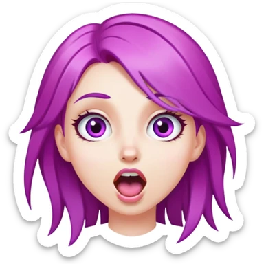 face of a white girl with purple and pink hair, wide eyes and open mouth sticker