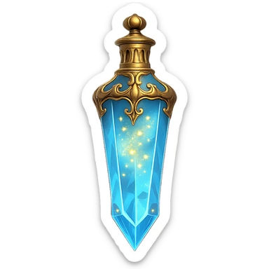 luxurious crystal elixir bottle in baton shape, lots of shining, edges, ornaments, golden details, magical effects, very small golden neck, transparent background, beautiful seamless bottom, bottle clearly floating in air, no base or shadow, premium class impression, playful and interesting design, matching a collection of crystal, luxurious, magical bottles sticker