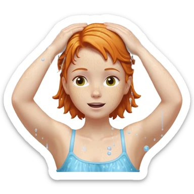 Ginger girl arms up hands on head shower washing hair soapy bubbles sticker