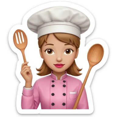Girl in pink chef outfit, light brown hair, light skin, red lipstick sticker