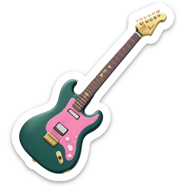 minimalist electric guitar in dark green with pink and blue stripe decal, closed inside a black rectangular hard case with gold latches, flat semi-3D style, soft matte textures, simplified details, stylized decal accent, compact artistic look sticker