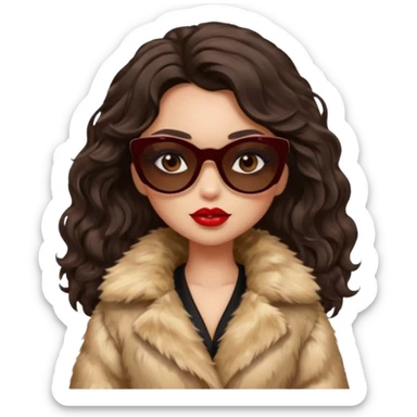 generate a pretty fair bratz girl with dark brown eyes, dark brown wavy hair, beige fur coat, black sunglasses, red lipstick. RICH sticker