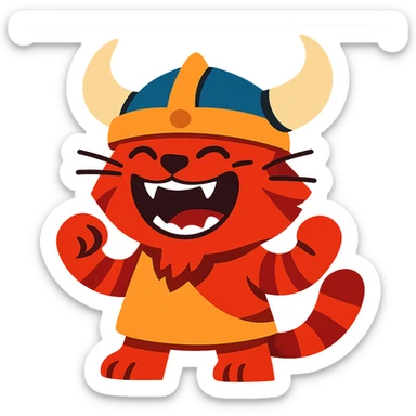 a laughing red viking cat in a vibrant toon style, horned helmet, showing teeth sticker