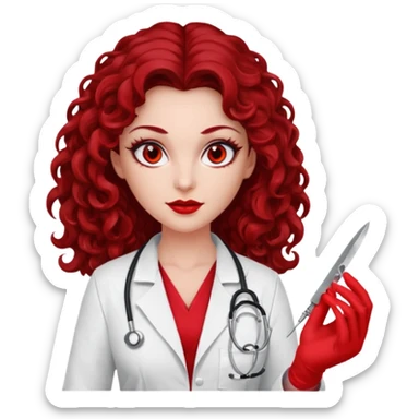 Lilith scalpel in hand, evil surgeon red outfit.  She has red eyes. She has dark brown long curly hair. Wears sexy doctor outfit with red gloves sticker