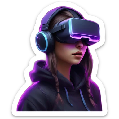 Russian girl wearing a black hoodie with "OMG" letters on it and VR headset in a cyberpunk VR environment with violet neon lighting. sticker