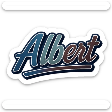 Albert name in modern, dynamic font with masculine gradient colors (blue, green, gray, dark burgundy, brown, dark blue shades), thin white outline, dark outer outline, underline, 1000x1000 px, PNG, transparent background, in the style of Péter sample image sticker
