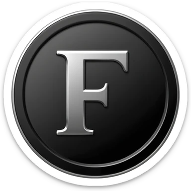 Emoji icon of a black coin with engraved letter F, minimalist style, isolated sticker