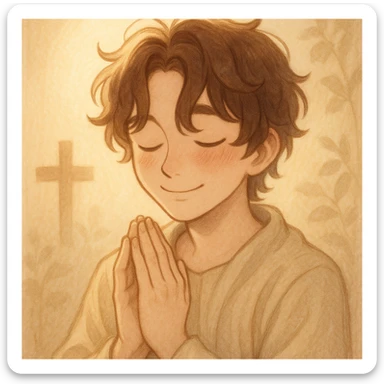 boykisser character praying, eyes closed, smiling, focus on gentle and peaceful expression sticker
