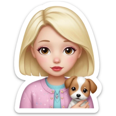 “Emoji girl, dewy skin, flushed blush across cheeks and nose, glossy cherry lips, soft puppy eyeliner, slightly teary sparkling eyes, wearing pastel cardigan.” sticker